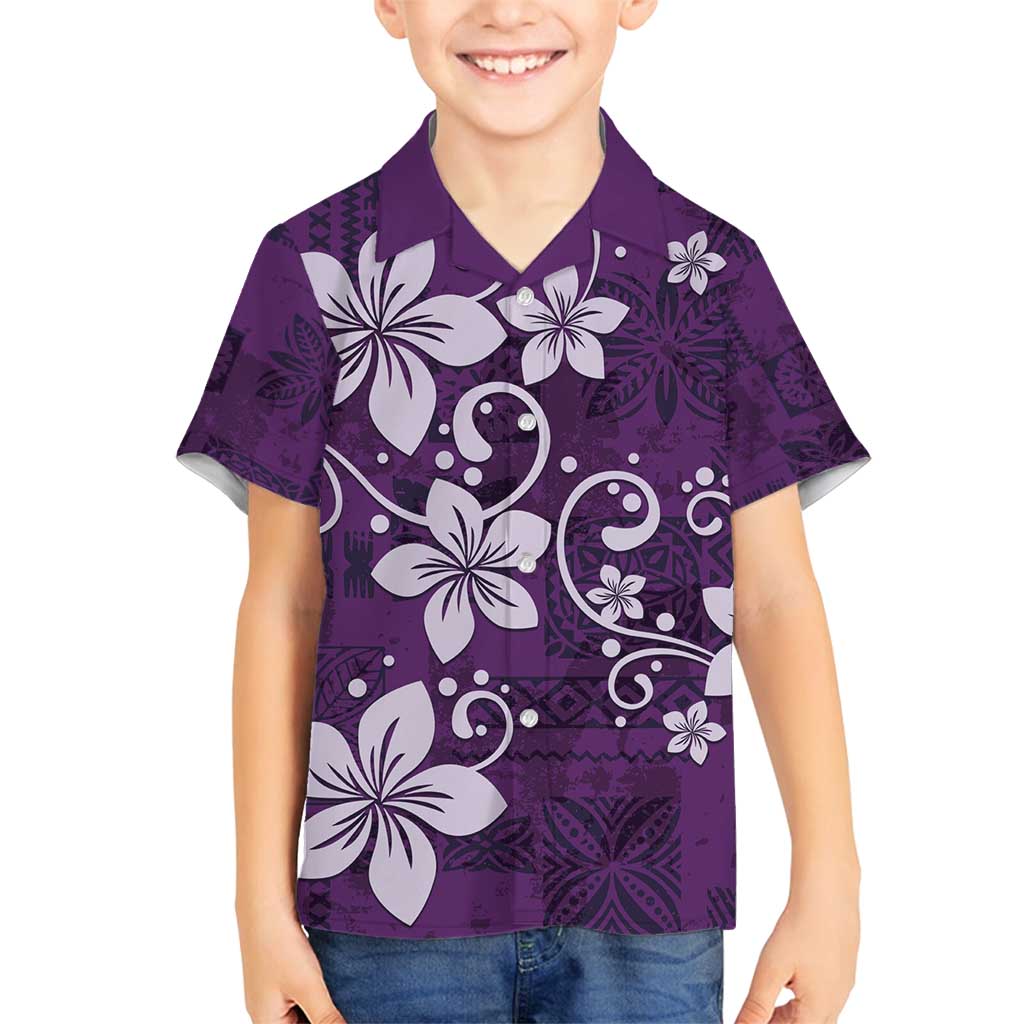 Plumeria Floral Tapa Pattern Amethyst Purple Family Matching Long Sleeve Bodycon Dress and Hawaiian Shirt