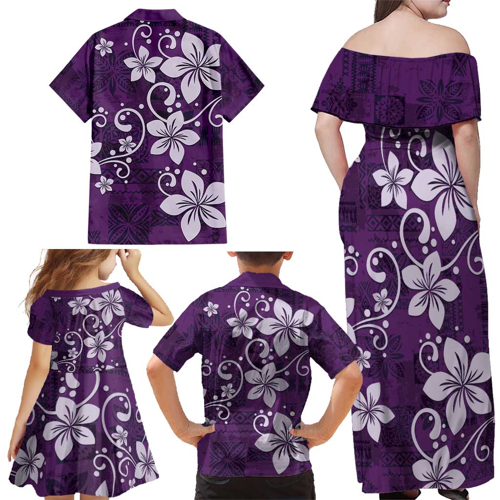 Plumeria Floral Tapa Pattern Amethyst Purple Family Matching Off Shoulder Maxi Dress and Hawaiian Shirt
