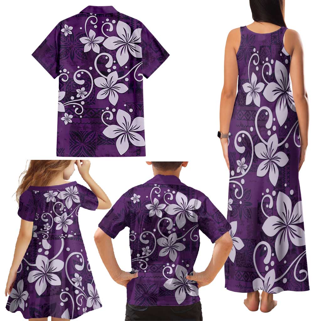 Plumeria Floral Tapa Pattern Amethyst Purple Family Matching Tank Maxi Dress and Hawaiian Shirt