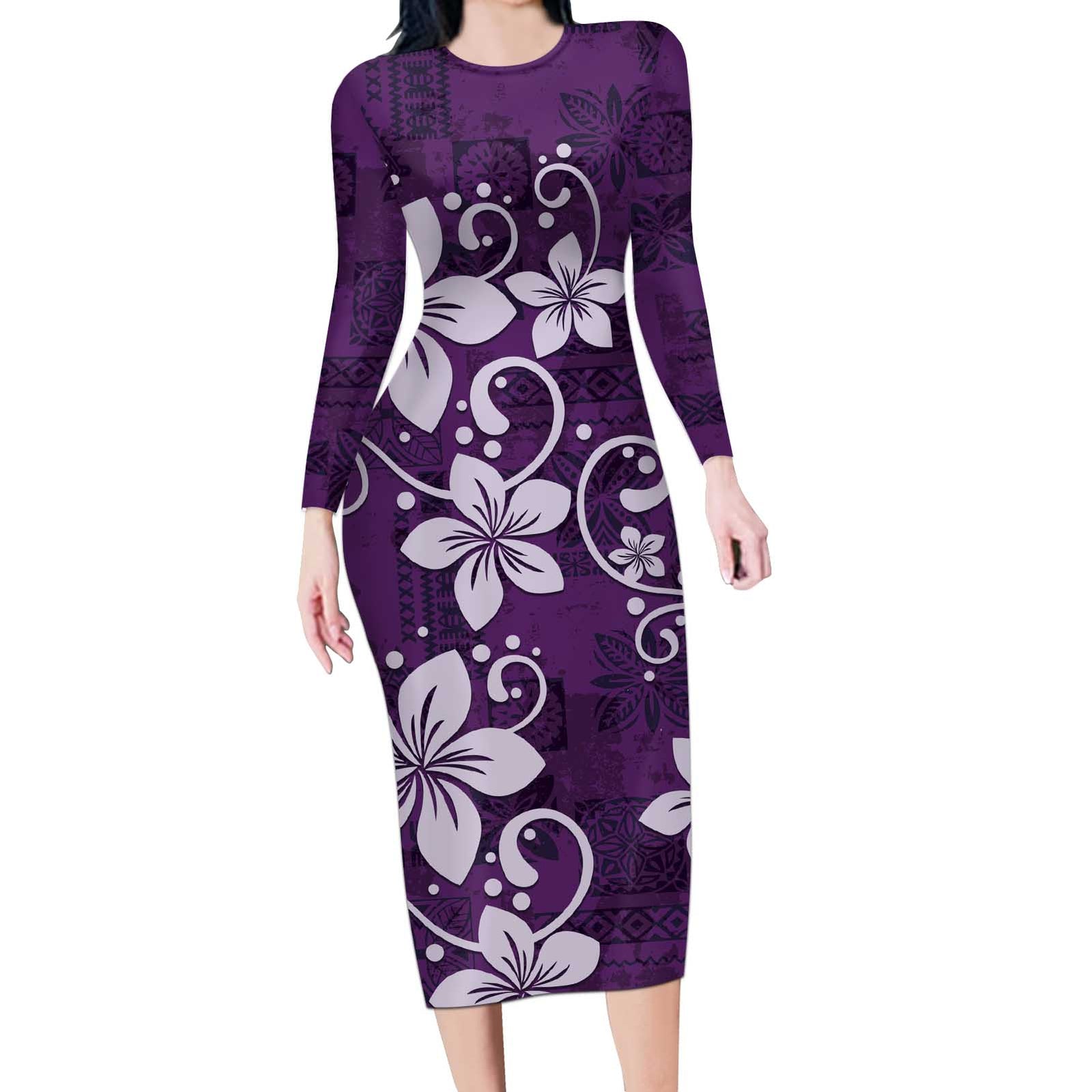 Plumeria Floral Tapa Pattern Amethyst Purple Long Sleeve Bodycon Dress LT01 Long Dress Purple - Polynesian Pride