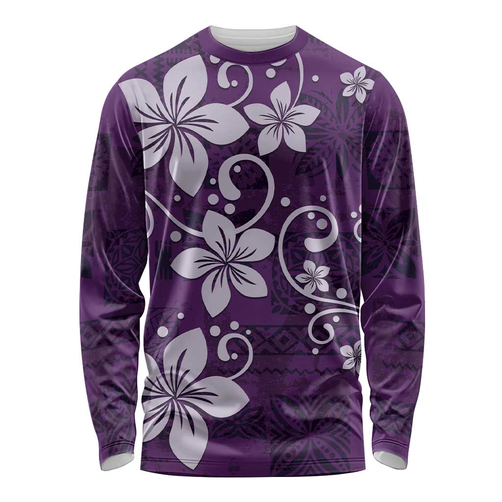 Plumeria Floral Tapa Pattern Amethyst Purple Long Sleeve Shirt LT01 Unisex Purple - Polynesian Pride