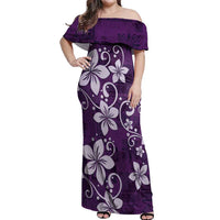 Plumeria Floral Tapa Pattern Amethyst Purple Off Shoulder Maxi Dress