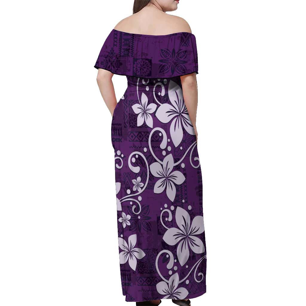Plumeria Floral Tapa Pattern Amethyst Purple Off Shoulder Maxi Dress