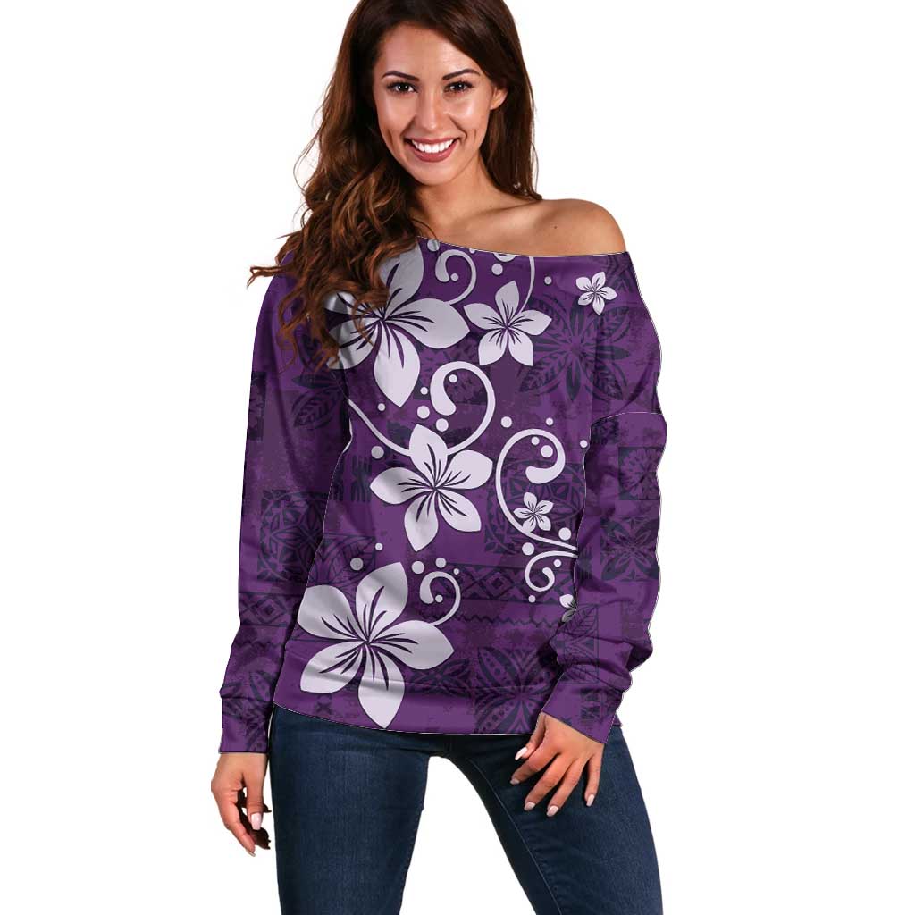 Plumeria Floral Tapa Pattern Amethyst Purple Off Shoulder Sweater LT01 Women Purple - Polynesian Pride