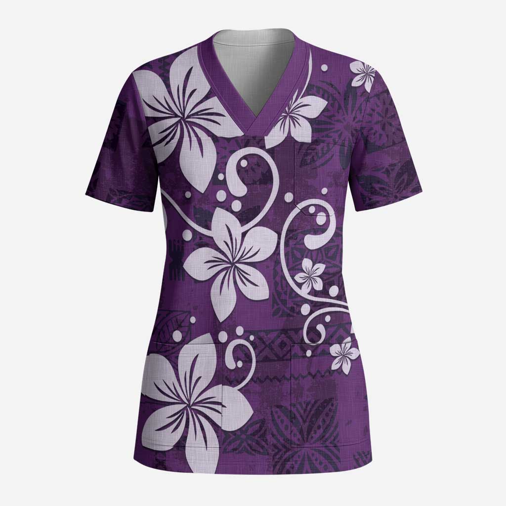 Plumeria Floral Tapa Pattern Amethyst Purple Scrub Top - Polynesian Pride