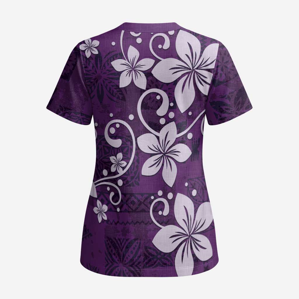 Plumeria Floral Tapa Pattern Amethyst Purple Scrub Top - Polynesian Pride