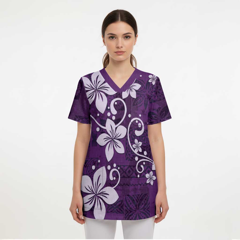 Plumeria Floral Tapa Pattern Amethyst Purple Scrub Top - Polynesian Pride