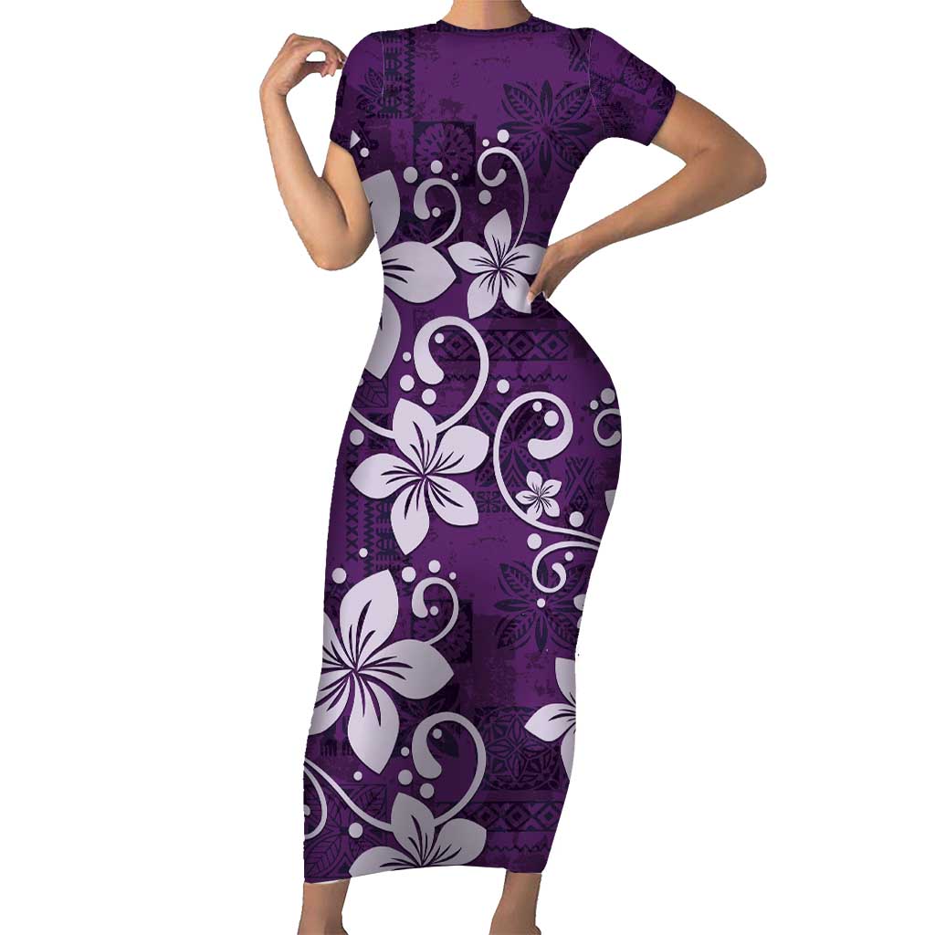 Plumeria Floral Tapa Pattern Amethyst Purple Short Sleeve Bodycon Dress LT01 Long Dress Purple - Polynesian Pride