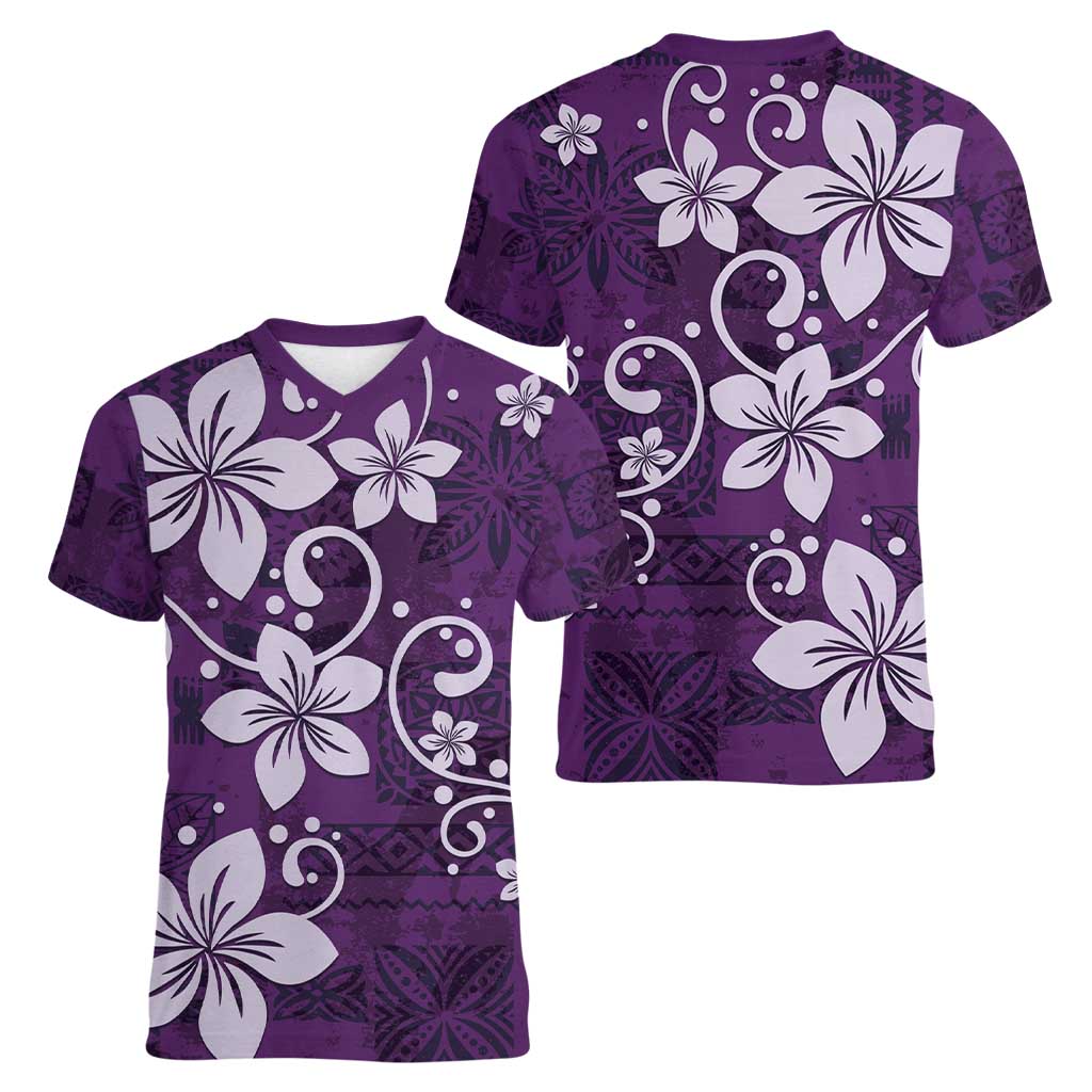 Plumeria Floral Tapa Pattern Amethyst Purple Women V-Neck T-Shirt