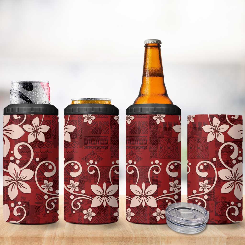 Plumeria Floral Tapa Pattern Oxblood Red 4 in 1 Can Cooler Tumbler