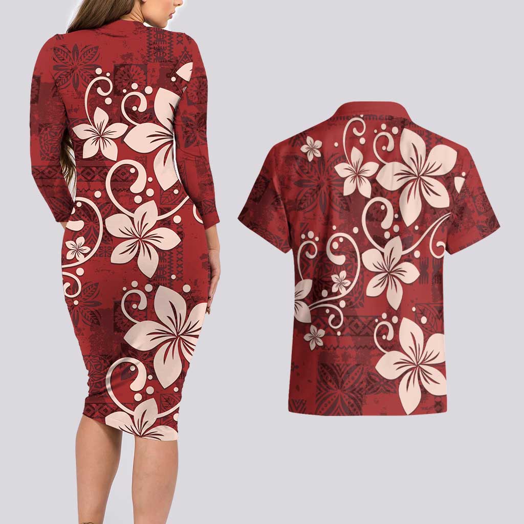 Plumeria Floral Tapa Pattern Oxblood Red Couples Matching Long Sleeve Bodycon Dress and Hawaiian Shirt
