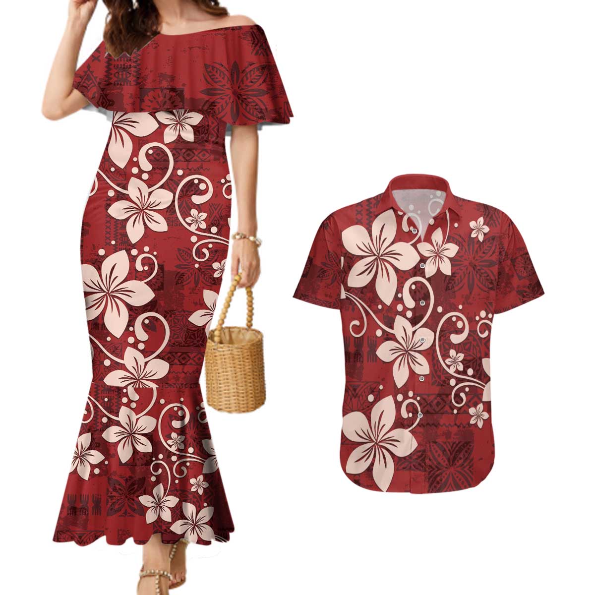 Plumeria Floral Tapa Pattern Oxblood Red Couples Matching Mermaid Dress and Hawaiian Shirt LT01 Red - Polynesian Pride