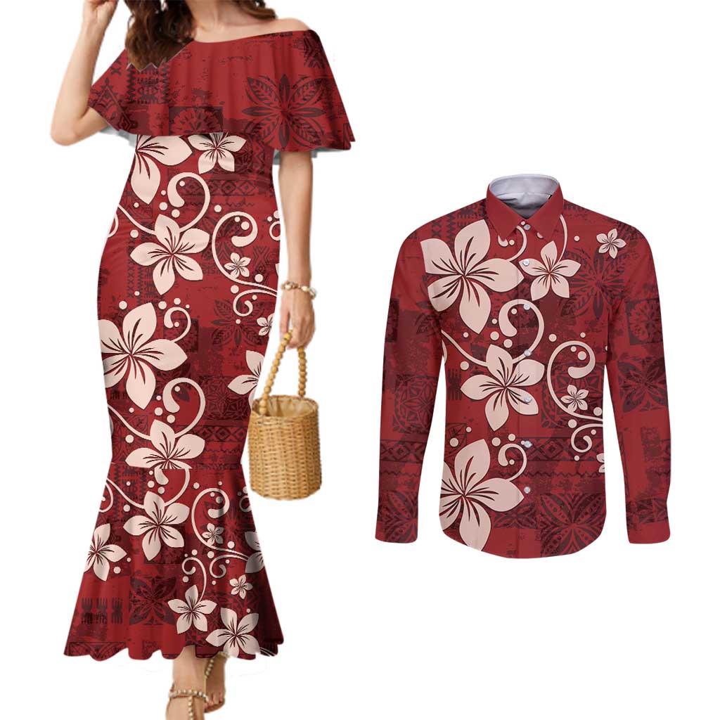 Plumeria Floral Tapa Pattern Oxblood Red Couples Matching Mermaid Dress and Long Sleeve Button Shirt