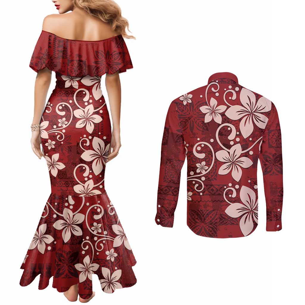 Plumeria Floral Tapa Pattern Oxblood Red Couples Matching Mermaid Dress and Long Sleeve Button Shirt
