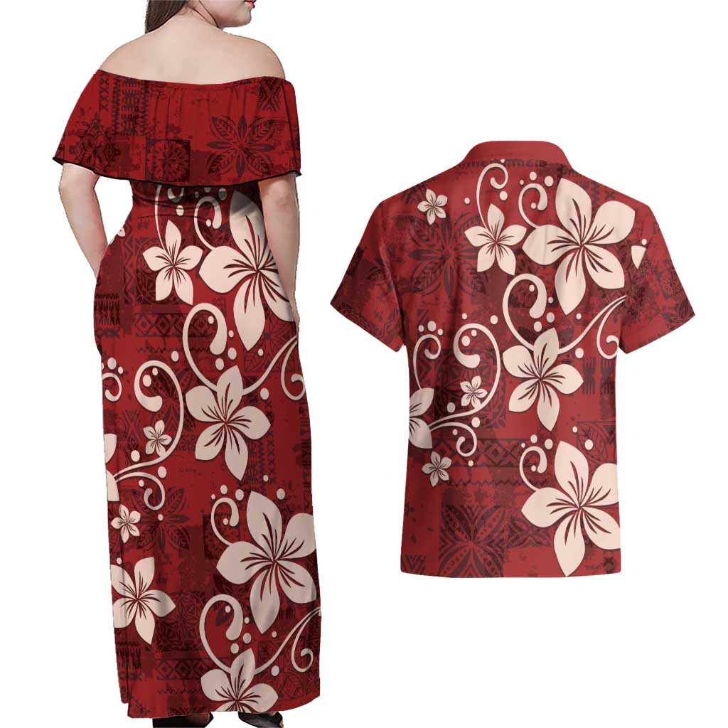 Plumeria Floral Tapa Pattern Oxblood Red Couples Matching Off Shoulder Maxi Dress and Hawaiian Shirt