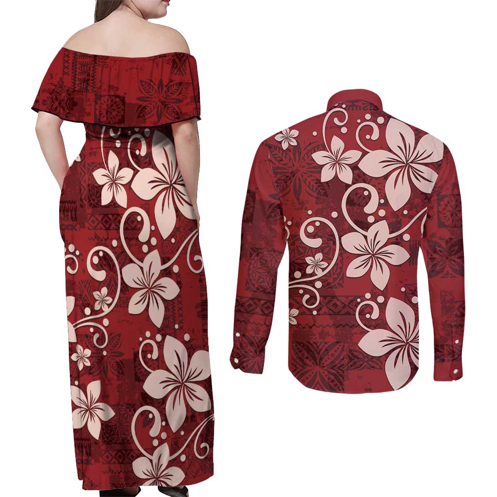 Plumeria Floral Tapa Pattern Oxblood Red Couples Matching Off Shoulder Maxi Dress and Long Sleeve Button Shirt