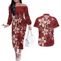 Plumeria Floral Tapa Pattern Oxblood Red Couples Matching Off The Shoulder Long Sleeve Dress and Hawaiian Shirt