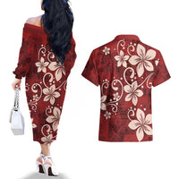 Plumeria Floral Tapa Pattern Oxblood Red Couples Matching Off The Shoulder Long Sleeve Dress and Hawaiian Shirt