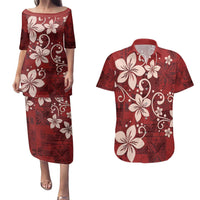 Plumeria Floral Tapa Pattern Oxblood Red Couples Matching Puletasi and Hawaiian Shirt