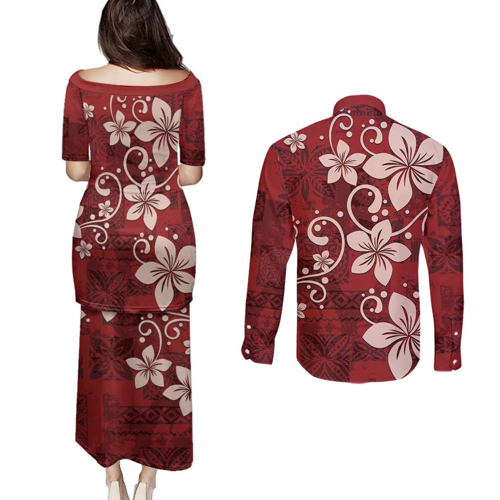 Plumeria Floral Tapa Pattern Oxblood Red Couples Matching Puletasi and Long Sleeve Button Shirt