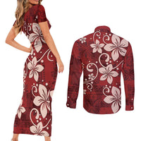Plumeria Floral Tapa Pattern Oxblood Red Couples Matching Short Sleeve Bodycon Dress and Long Sleeve Button Shirt