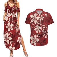 Plumeria Floral Tapa Pattern Oxblood Red Couples Matching Summer Maxi Dress and Hawaiian Shirt