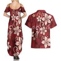 Plumeria Floral Tapa Pattern Oxblood Red Couples Matching Summer Maxi Dress and Hawaiian Shirt