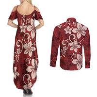 Plumeria Floral Tapa Pattern Oxblood Red Couples Matching Summer Maxi Dress and Long Sleeve Button Shirt