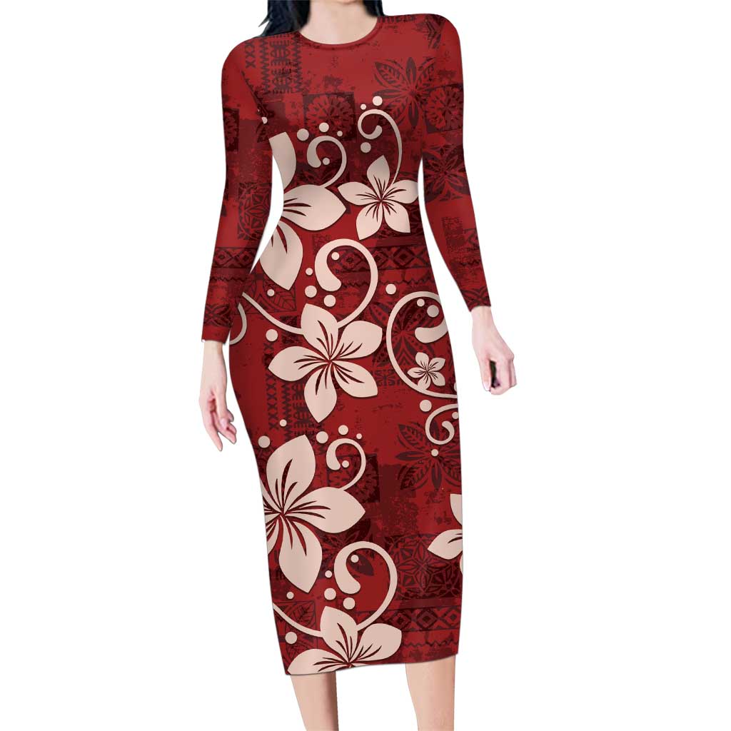 Plumeria Floral Tapa Pattern Oxblood Red Family Matching Long Sleeve Bodycon Dress and Hawaiian Shirt