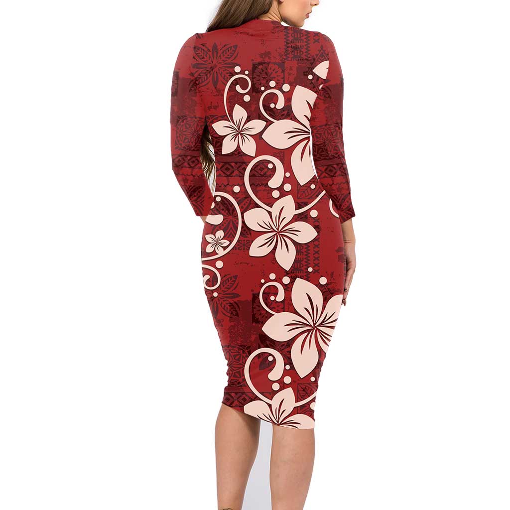 Plumeria Floral Tapa Pattern Oxblood Red Family Matching Long Sleeve Bodycon Dress and Hawaiian Shirt