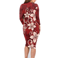 Plumeria Floral Tapa Pattern Oxblood Red Family Matching Long Sleeve Bodycon Dress and Hawaiian Shirt