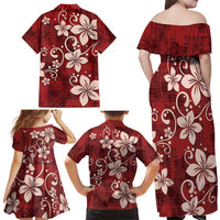 Plumeria Floral Tapa Pattern Oxblood Red Family Matching Off Shoulder Maxi Dress and Hawaiian Shirt