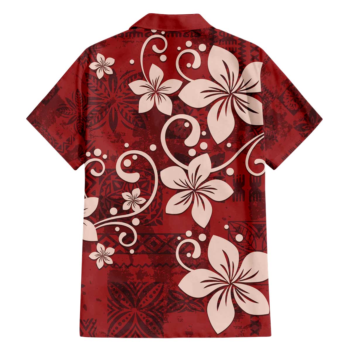 Plumeria Floral Tapa Pattern Oxblood Red Family Matching Off Shoulder Short Dress and Hawaiian Shirt