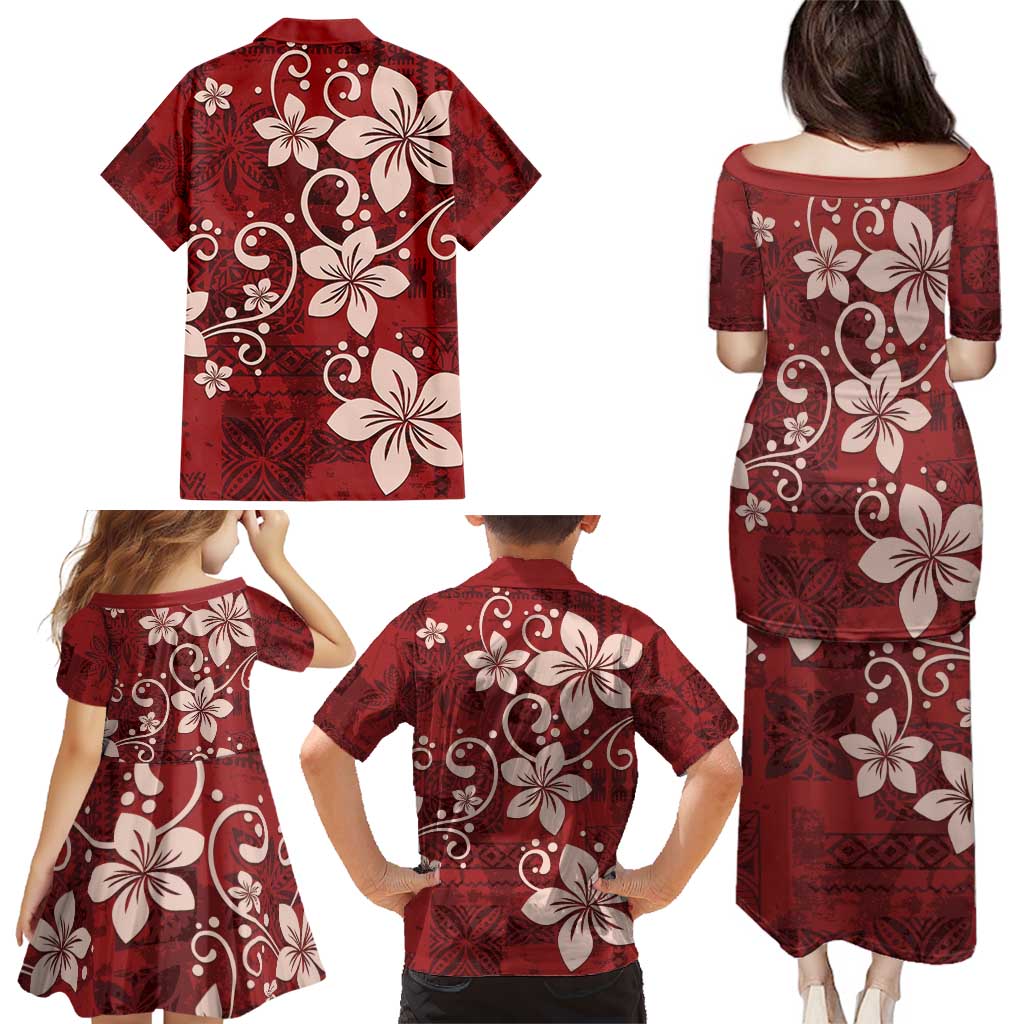 Plumeria Floral Tapa Pattern Oxblood Red Family Matching Puletasi and Hawaiian Shirt