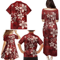 Plumeria Floral Tapa Pattern Oxblood Red Family Matching Puletasi and Hawaiian Shirt