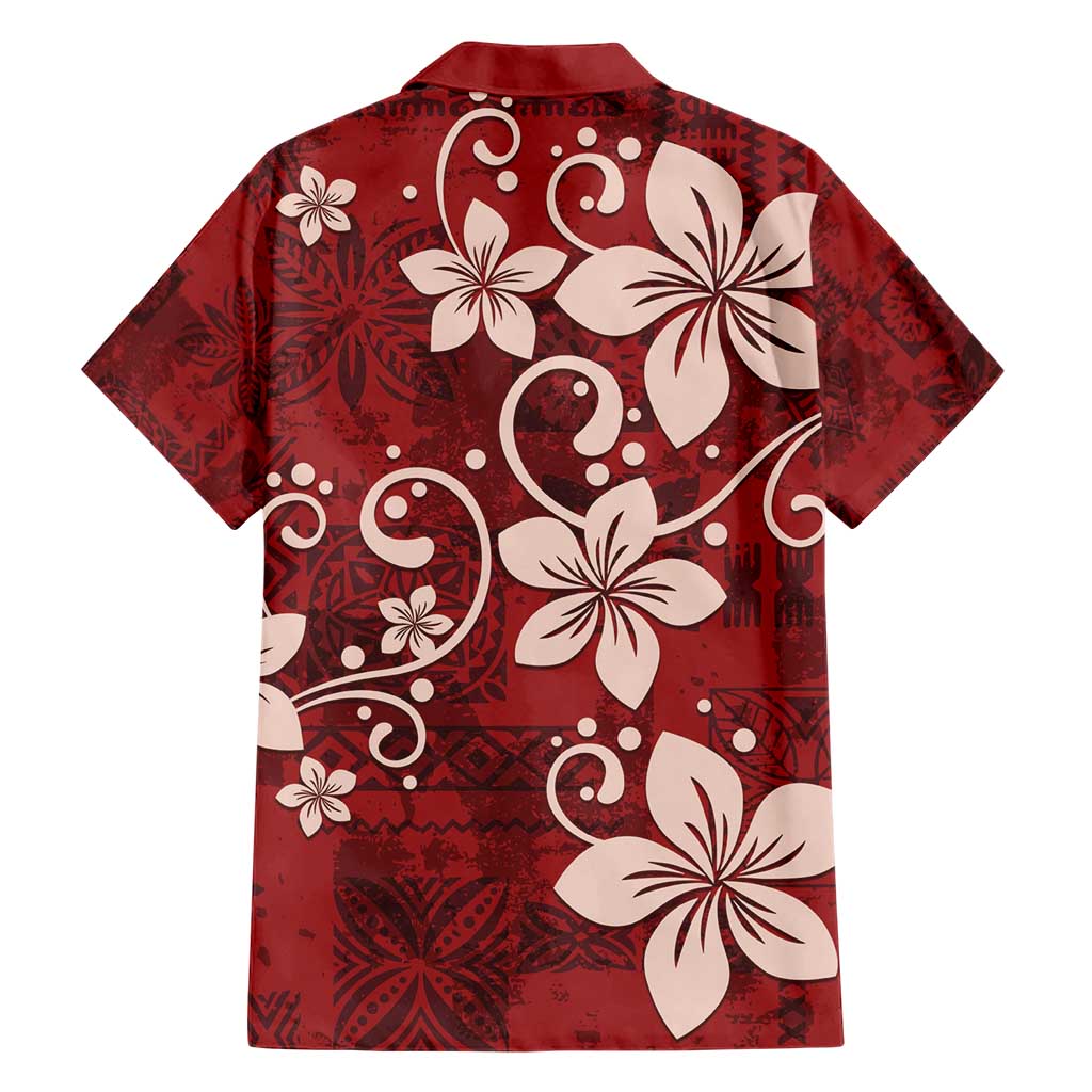 Plumeria Floral Tapa Pattern Oxblood Red Family Matching Short Sleeve Bodycon Dress and Hawaiian Shirt