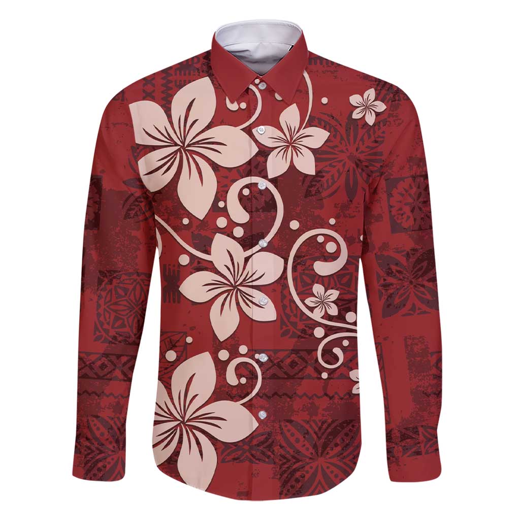 Plumeria Floral Tapa Pattern Oxblood Red Family Matching Short Sleeve Bodycon Dress and Hawaiian Shirt