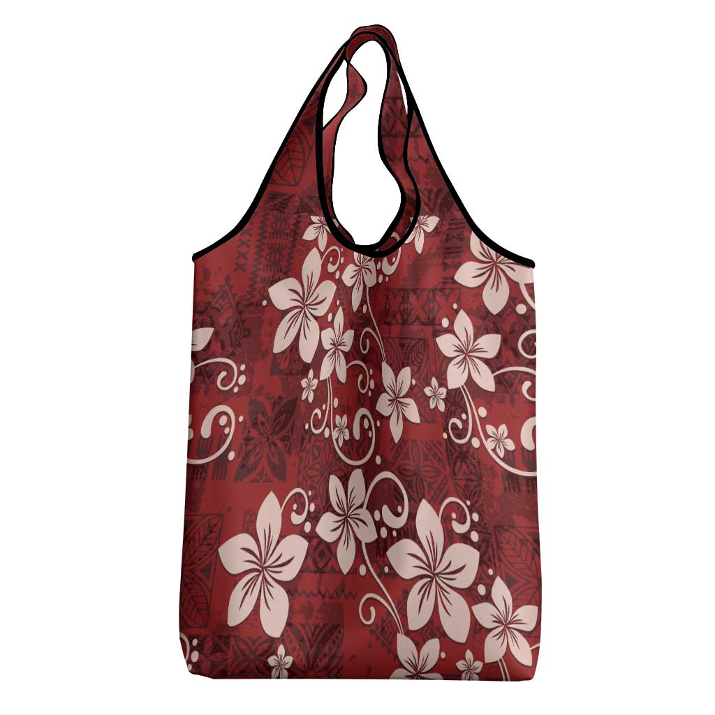 Plumeria Floral Tapa Pattern Oxblood Red Grocery Bag LT01 - Polynesian Pride