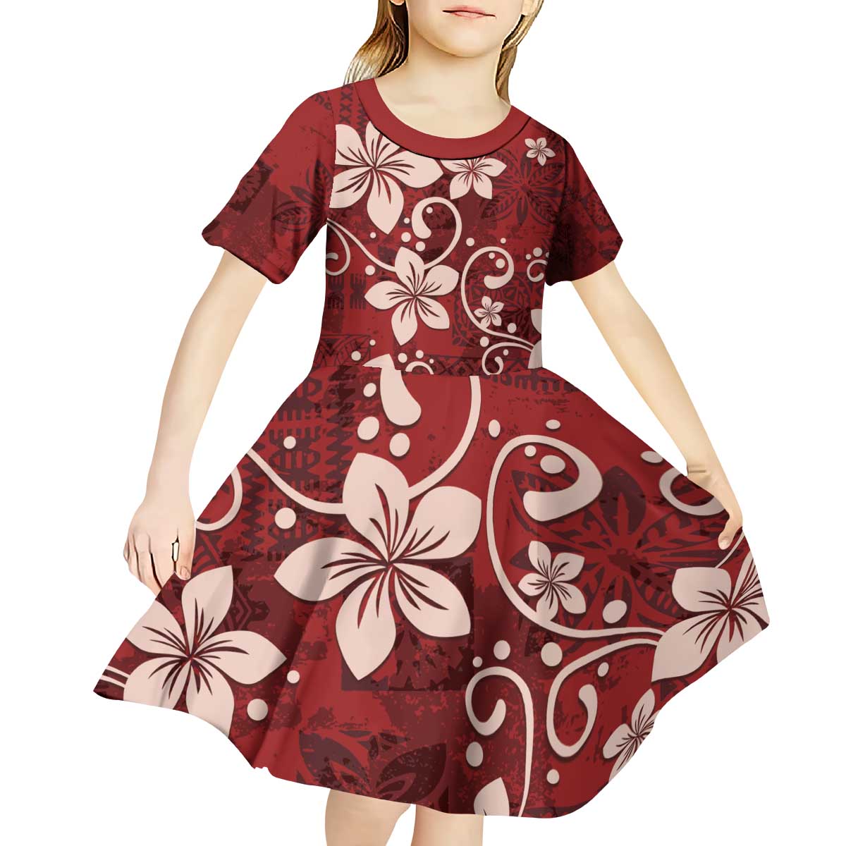 Plumeria Floral Tapa Pattern Oxblood Red Kid Short Sleeve Dress