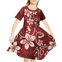 Plumeria Floral Tapa Pattern Oxblood Red Kid Short Sleeve Dress