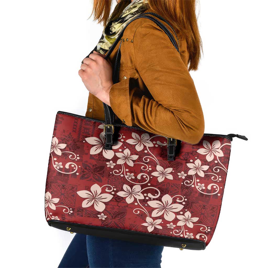 Plumeria Floral Tapa Pattern Oxblood Red Leather Tote Bag LT01 Red - Polynesian Pride