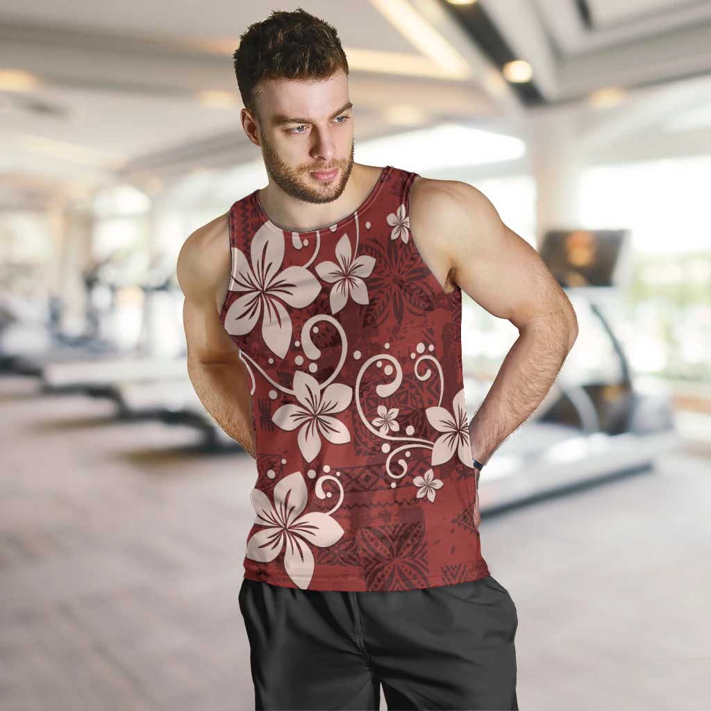 Plumeria Floral Tapa Pattern Oxblood Red Men Tank Top LT01 Red - Polynesian Pride