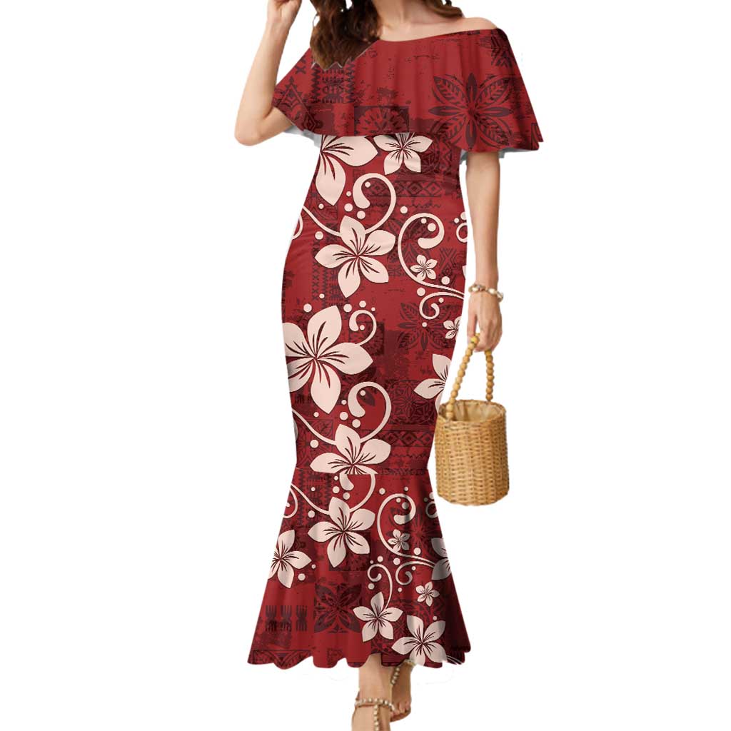 Plumeria Floral Tapa Pattern Oxblood Red Mermaid Dress LT01 Women Red - Polynesian Pride
