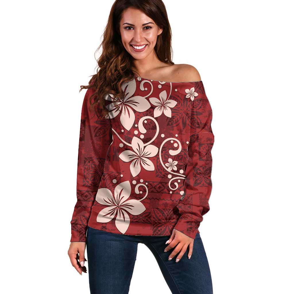 Plumeria Floral Tapa Pattern Oxblood Red Off Shoulder Sweater LT01 Women Red - Polynesian Pride