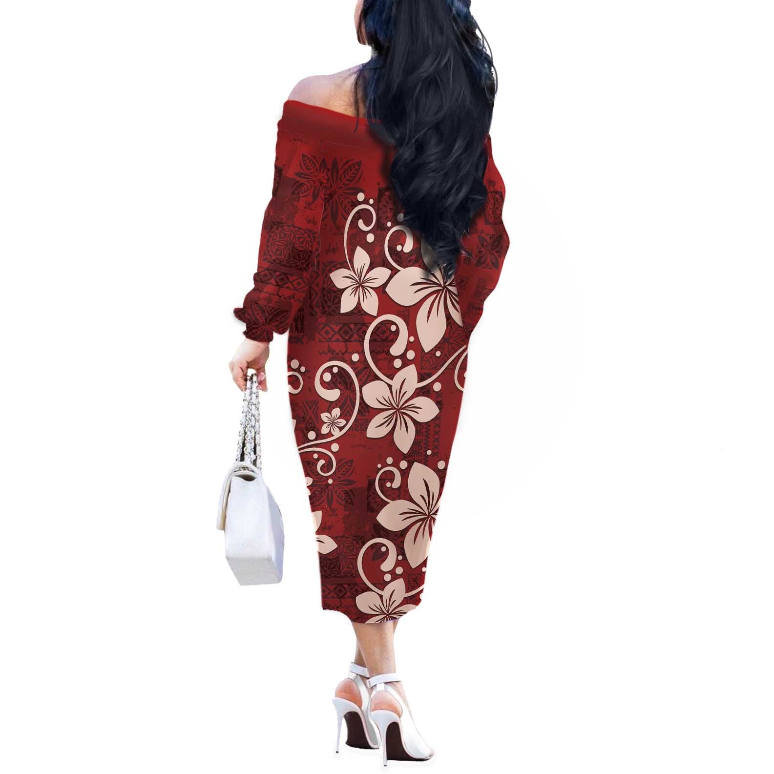 Plumeria Floral Tapa Pattern Oxblood Red Off The Shoulder Long Sleeve Dress LT01 - Polynesian Pride