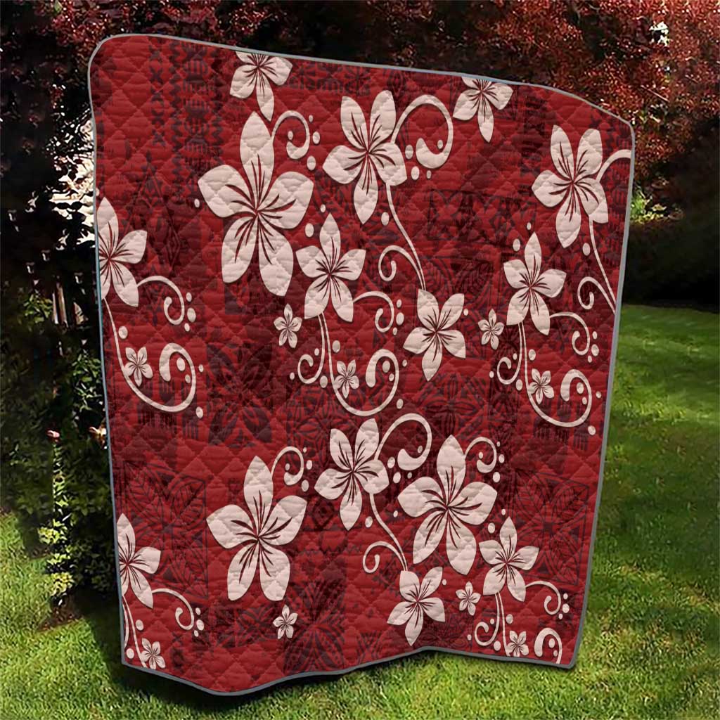Plumeria Floral Tapa Pattern Oxblood Red Quilt
