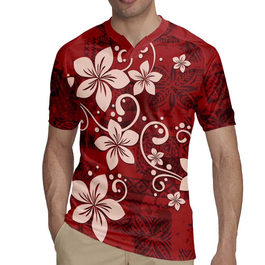 Plumeria Floral Tapa Pattern Oxblood Red Rugby Jersey