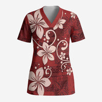 Plumeria Floral Tapa Pattern Oxblood Red Scrub Top - Polynesian Pride