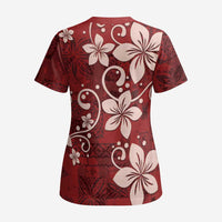 Plumeria Floral Tapa Pattern Oxblood Red Scrub Top - Polynesian Pride