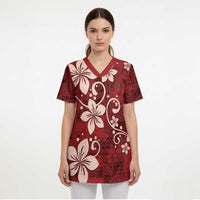Plumeria Floral Tapa Pattern Oxblood Red Scrub Top - Polynesian Pride